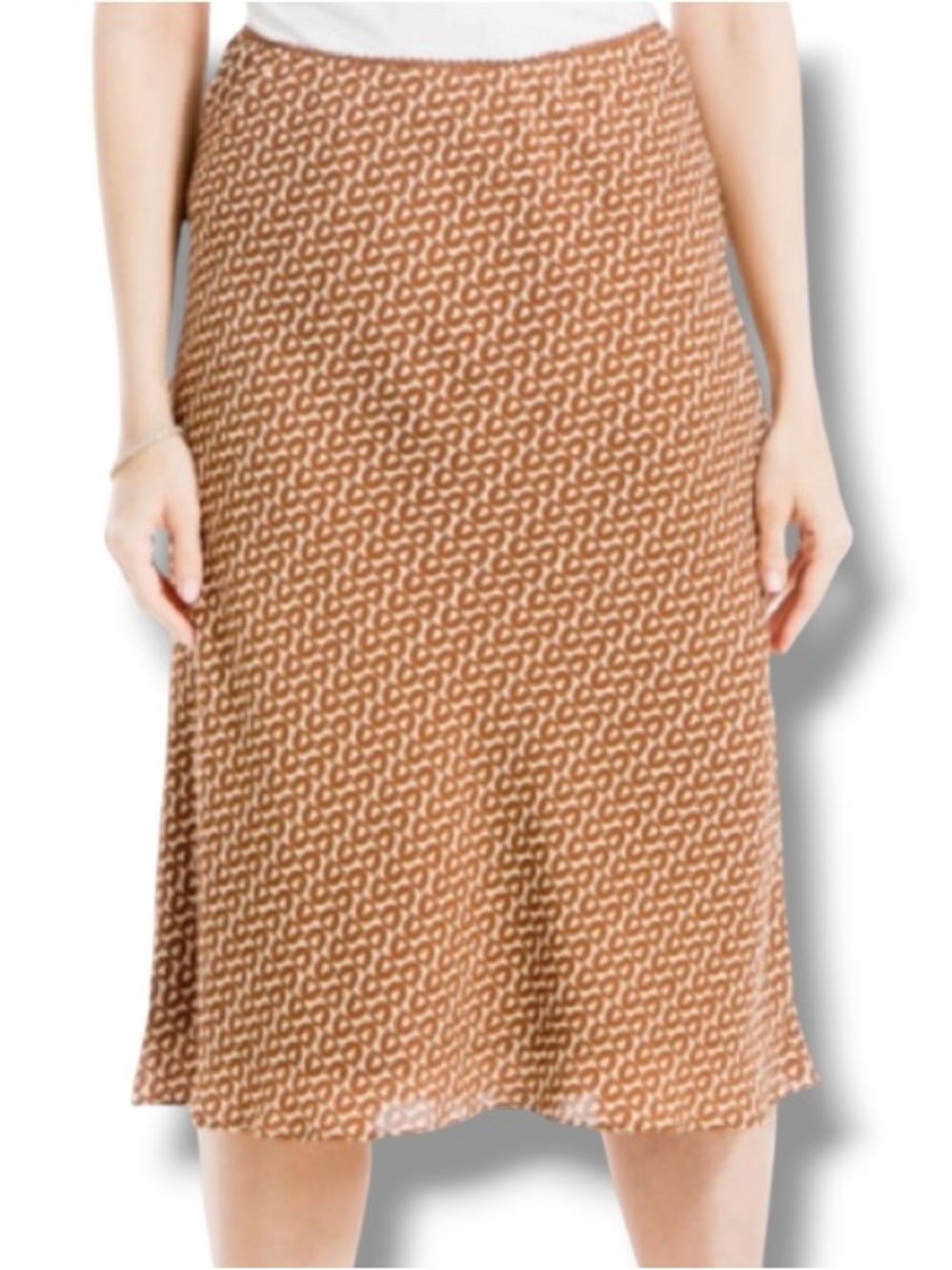 Max Studio Women’s Printed Satin Midi Skirt NWT Caramel Brown Geometric Prints
